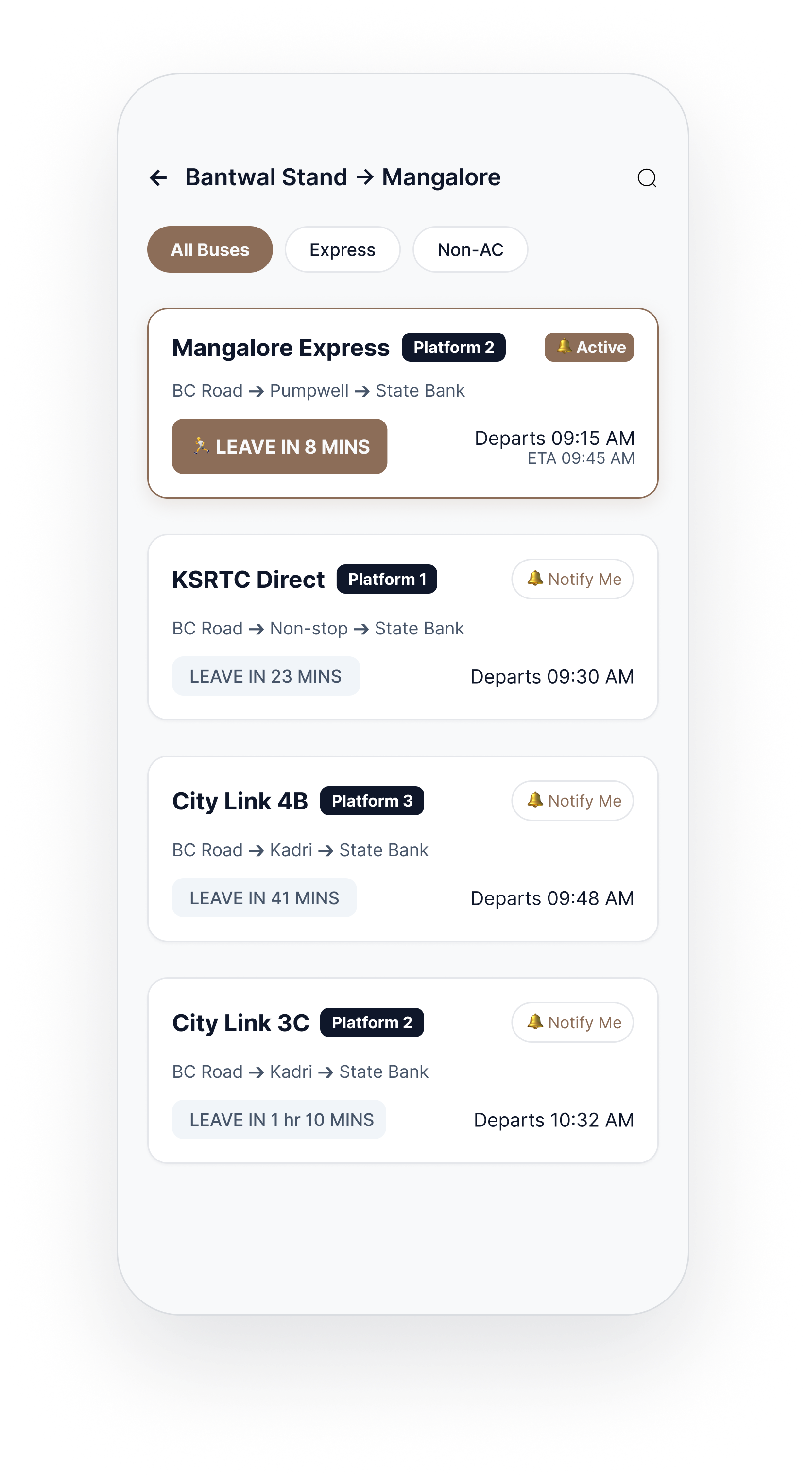 Available bus details screen